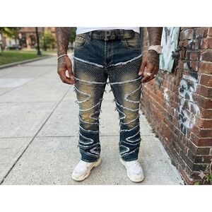 PJ Mark Mens Stacked Flare Distressed Rhinestone Studded Jeans Blue 30/34
